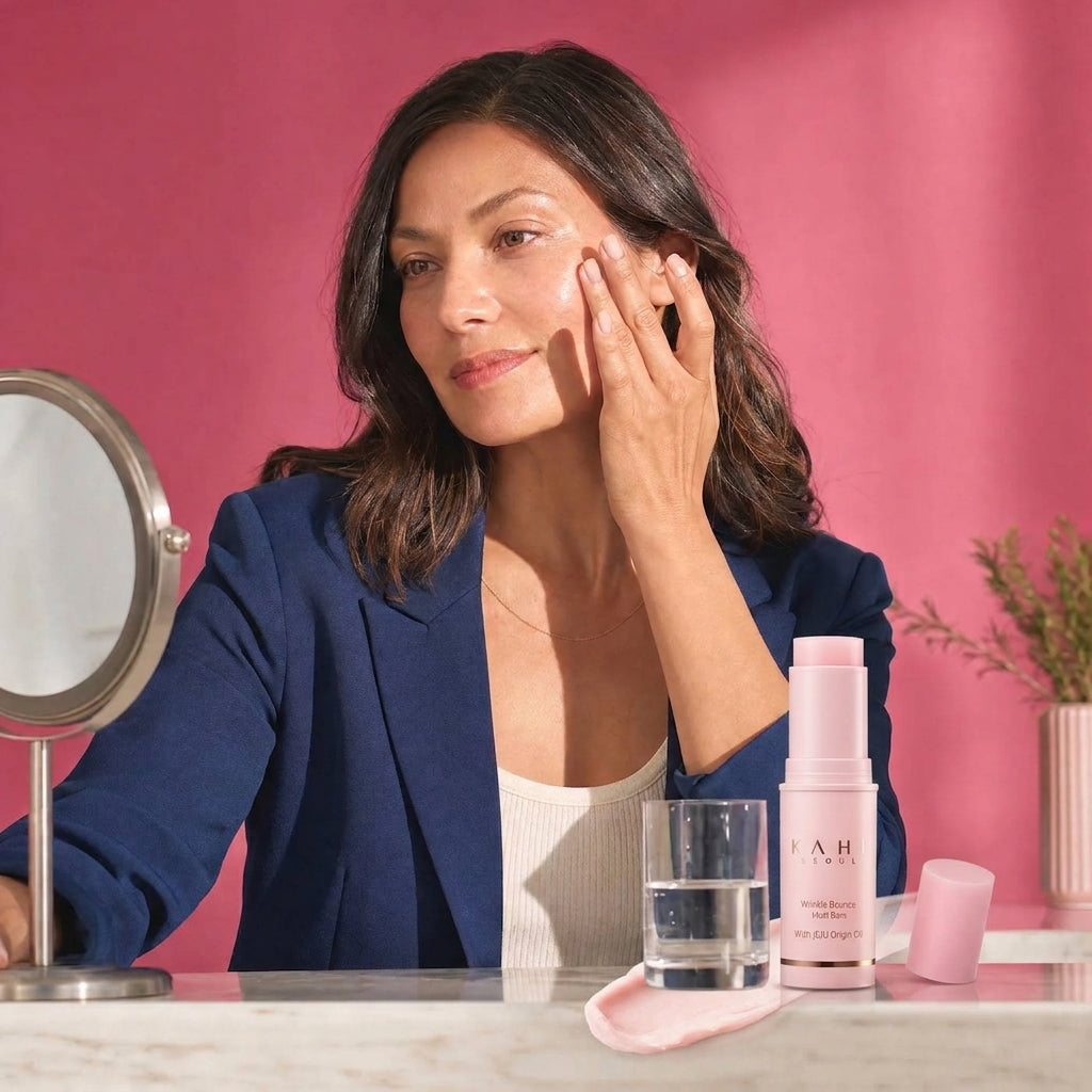 Woman applying skincare in front of a mirror
